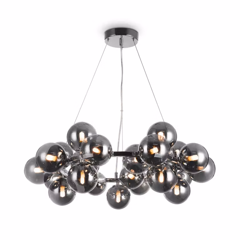 Lampadario Contemporaneo Dallas Metallo Cromo 25 Luci Diffusori Fumè