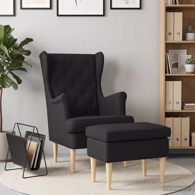 Divano Sedia-Poltrona con Ottomano 2 pz Nero Tessuto 627586