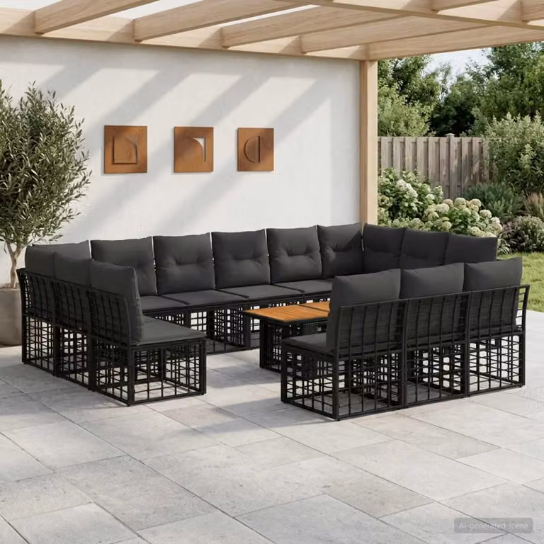Set Divano da Giardino vidaXL 14 pz a Forma a L in Polyrattan con Tavolino e Cuscini Nero e Grigio