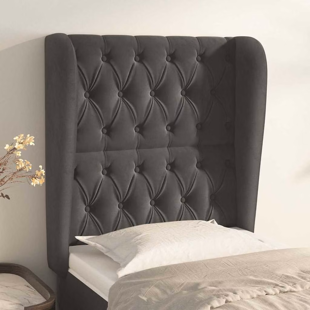 Testiera per letto vidaXL in velluto grigio scuro con struttura in legno e pannello imbottito L: 83 cm, P: 23 cm, H: 118-128 cm