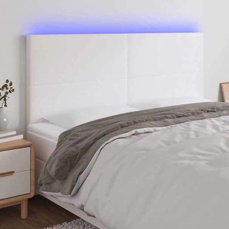 Testiera per letto vidaXL in similpelle bianca con illuminazione LED e porta di ricarica USB, L: 180 cm, P: 5 cm, H: 118/128 cm