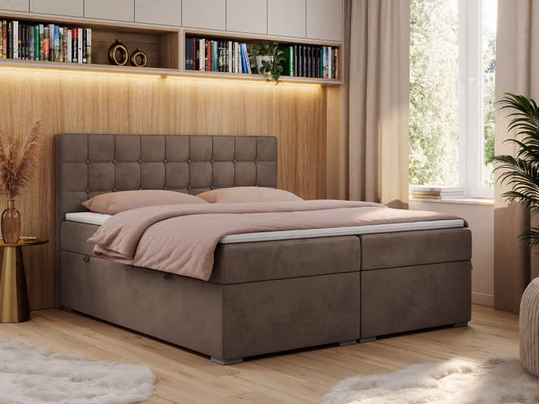 Letto boxspring, letto matrimoniale, letto imbottito con testiera, contenitore - CARMEN - 120x200 - Marrone - Velvet - H4