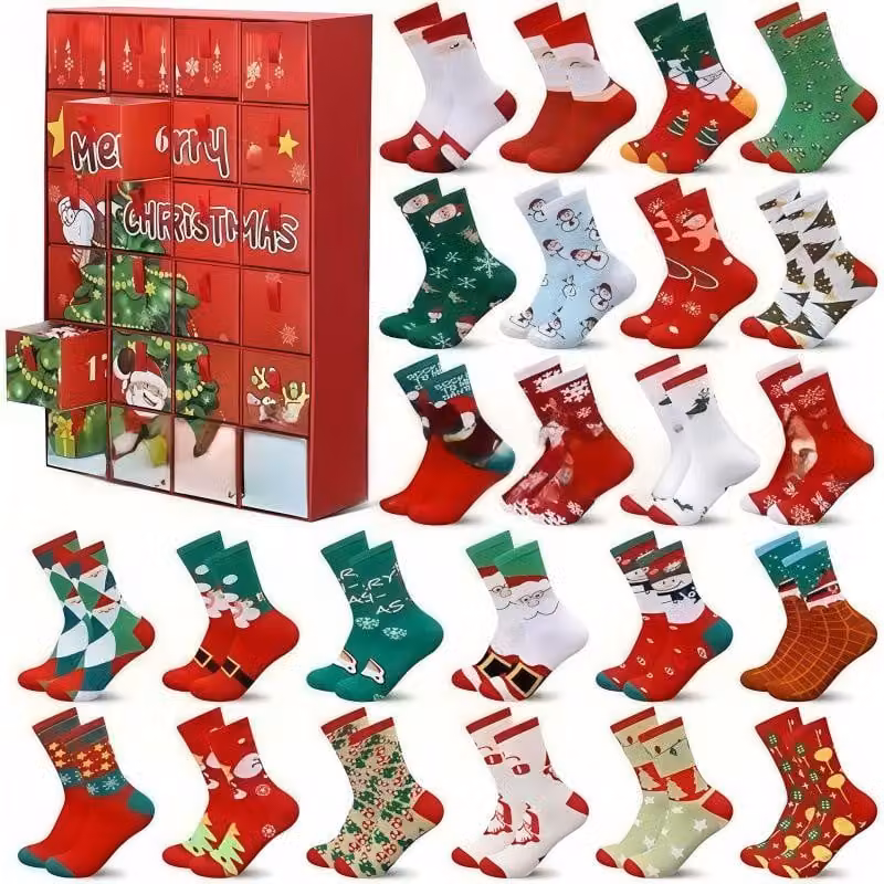 Calendario dell'Avvento a forma di calzini - 12 paia - conto alla rovescia di 24 giorni - calzini natalizi divertenti - confezione regalo a forma di calzini - calendario dell'Avvento - modello E