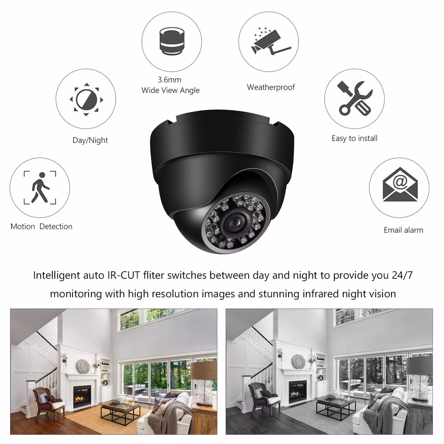 Telecamera di sicurezza analogica ad alta definizione 720p per videosorveglianza CCTV da esterno, resistente alle intemperie, con visione notturna a infrarossi e rilevamento di movimento, compatibile con sistemi DVR Pal