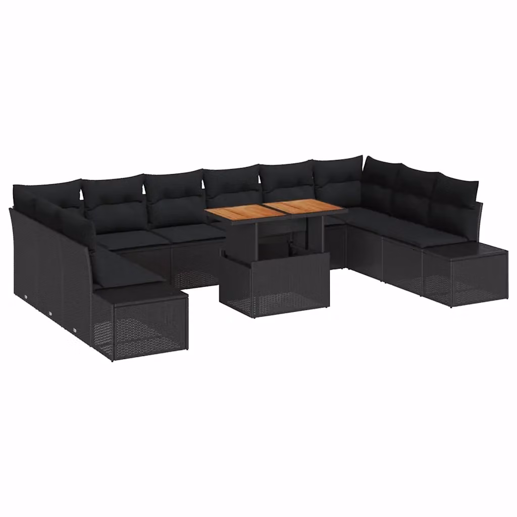 Set Divano da Giardino vidaXL a forma a U in Polyrattan con Cuscini e Tavolino, 11 Pezzi, Nero e Marrone – 2