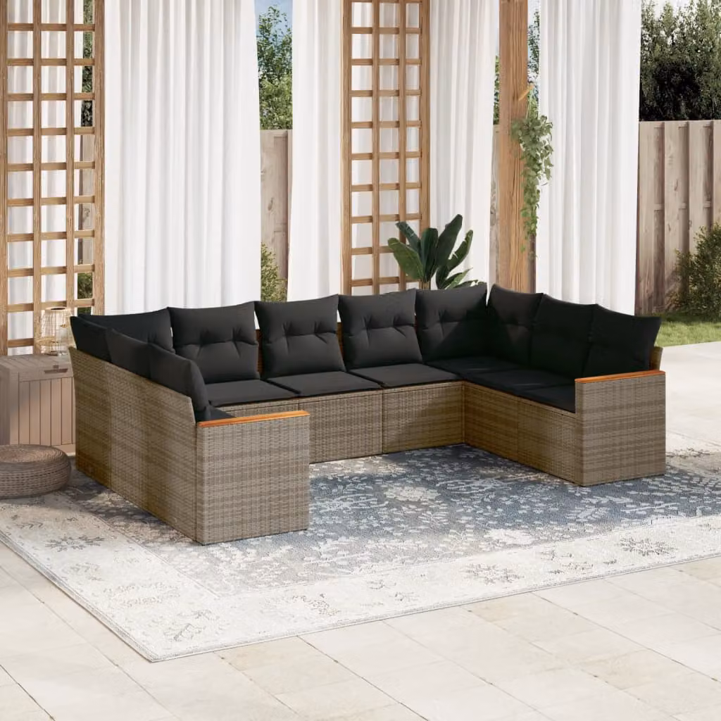 vidaXL Set Divano da Giardino a L 9 pz in Polyrattan Grigio con Cuscini Imbottiti e Coperture Rimosse – 1