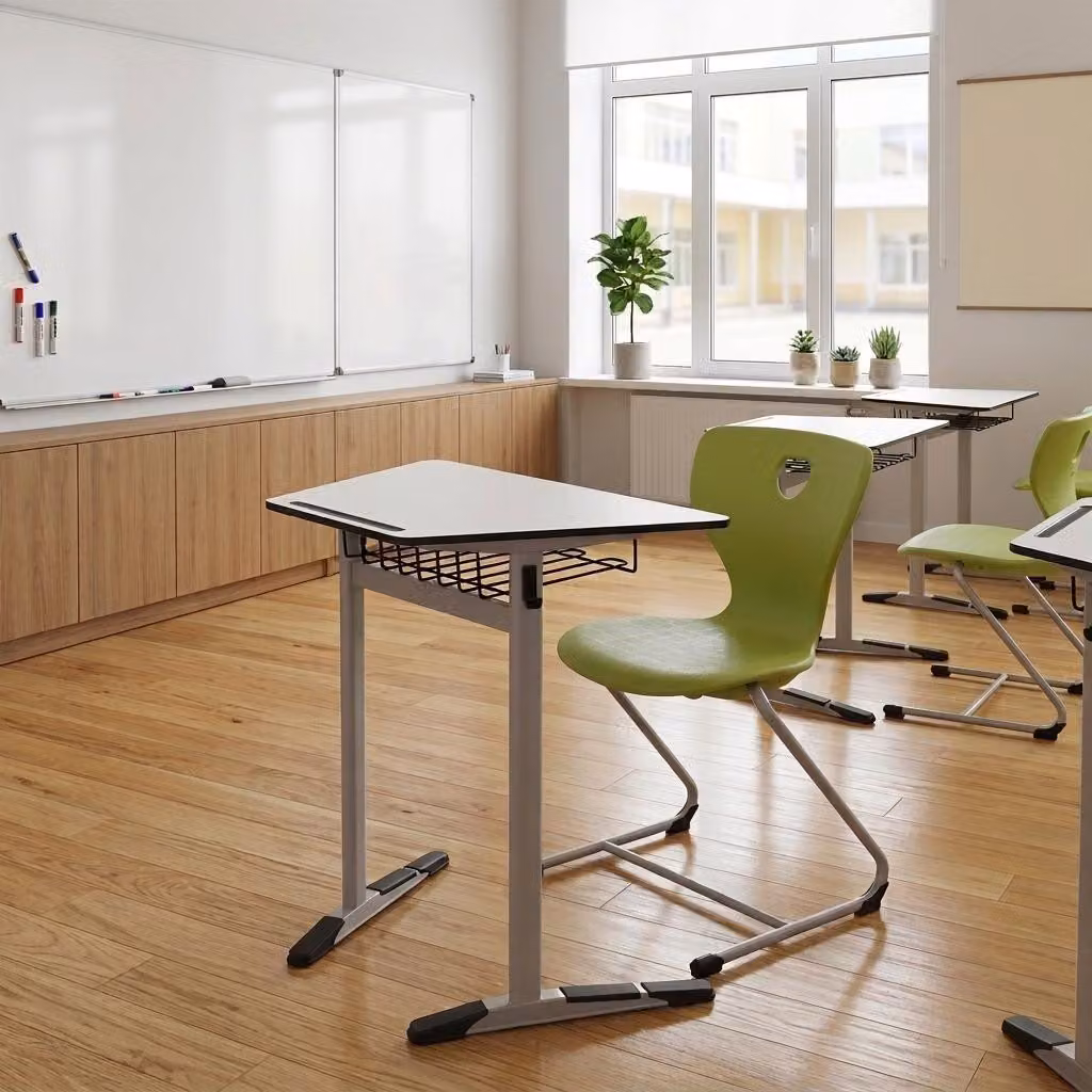 Set scolastico moderno ed ergonomico, grigio: banco scolastico e sedia Grun, tavolo singolo