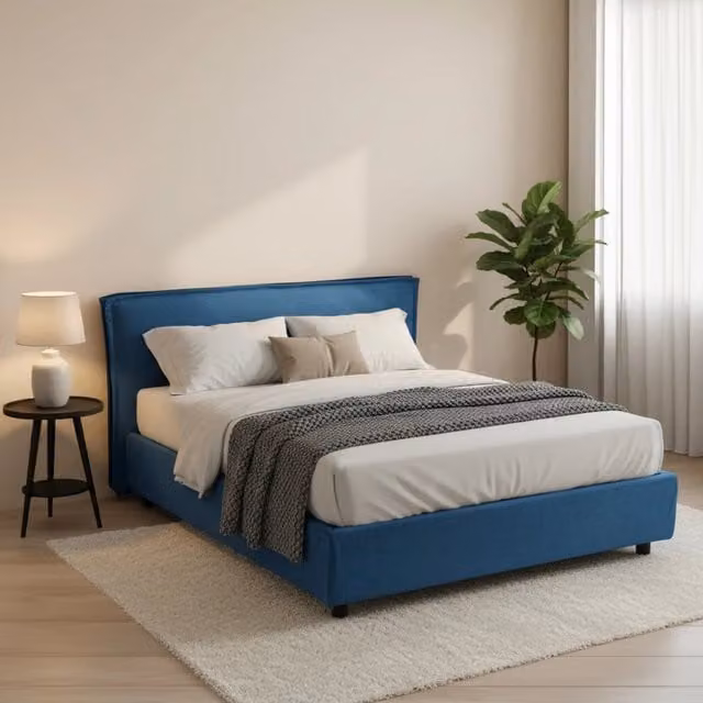 Letto Matrimoniale Brunate DMORA con Materasso Incluso, Design Moderno in Tessuto Blu, L/P/H: 160 x 200 x 180 cm – 1