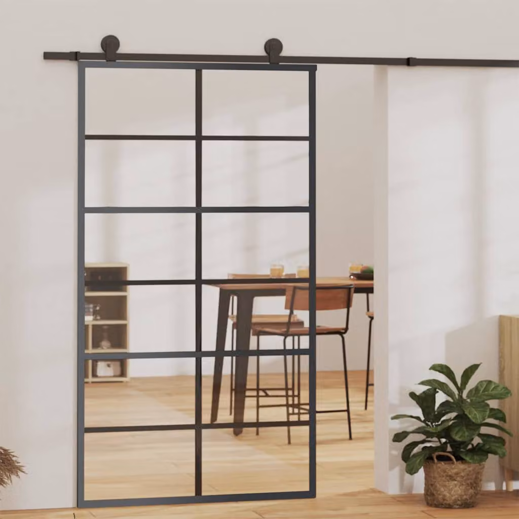 vidaXL Porta Scorrevole in Alluminio e Vetro Trasparente con Kit di Montaggio, Colore Nero, L: 102 cm, H: 205 cm