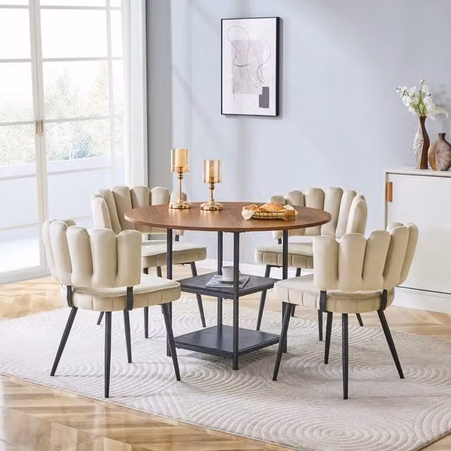 Set tavolo da pranzo rotondo 107 cm con 4 sedie; doppio ripiano; MDF e metallo; marrone chiaro e nero