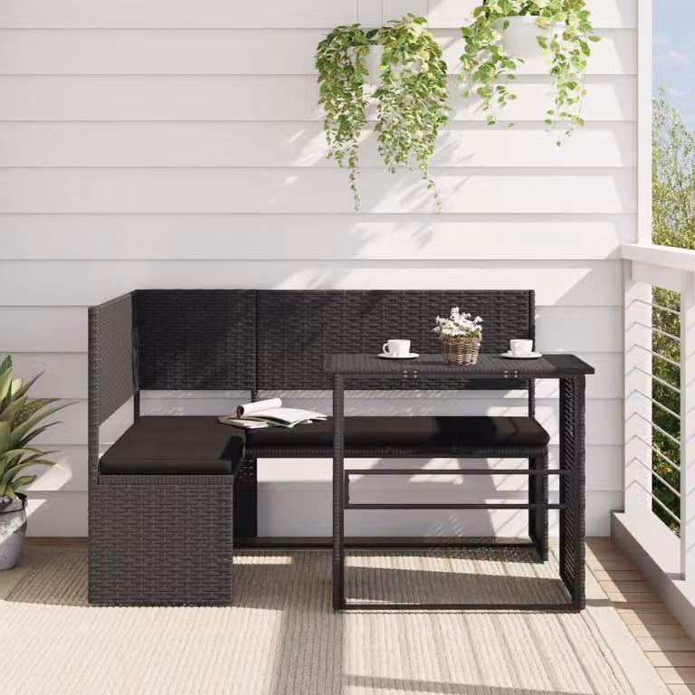 vidaXL Divano da giardino a L con tavolo e cuscini nero in rattan e metallo