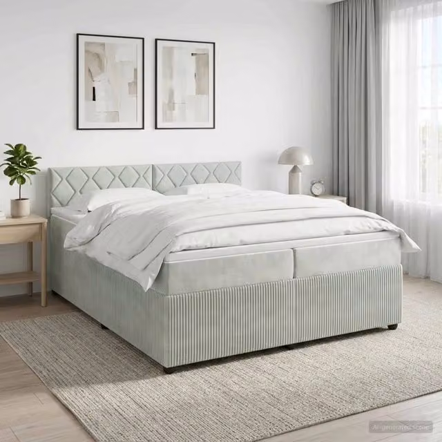 Letto box spring con materasso ibrido vidaXL in tessuto grigio e bianco L/P: 200 x 200 cm