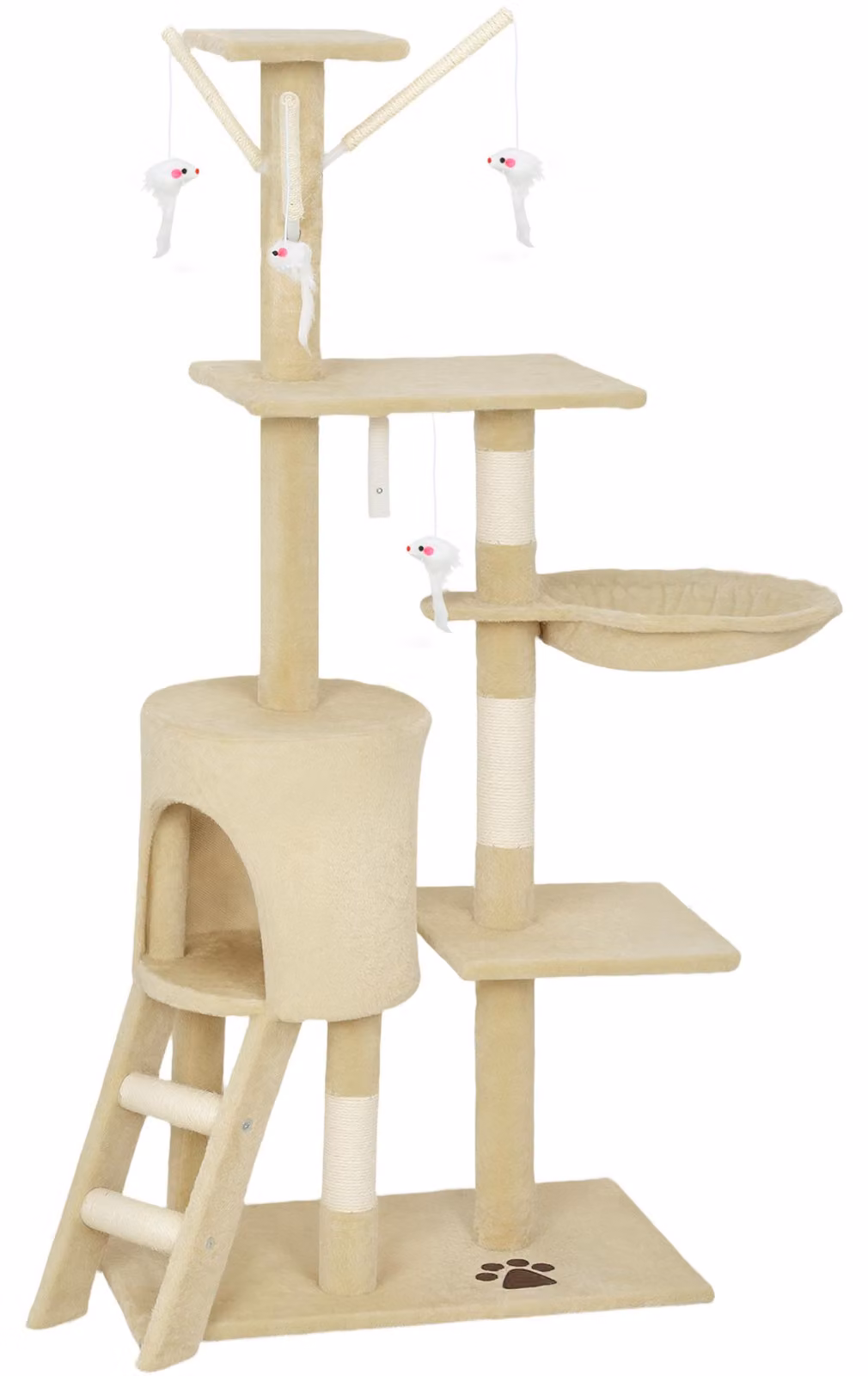 PawHut Tiragraffi alto 134 cm con cuccia, 4 giocattoli e tronchi in sisal