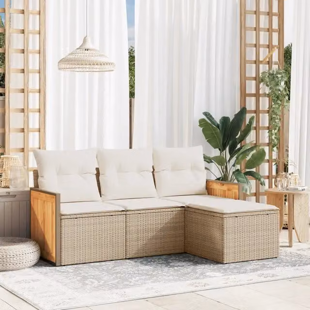 Set Divano da Giardino 4 pz con Cuscini-Sofa da Giardino-Divanetto da esterno Beige in Polyrattan 832943