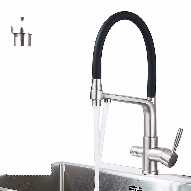 Rubinetto da cucina con filtro, bocca estraibile flessibile, doppia maniglia in ottone, nichel spazzolato