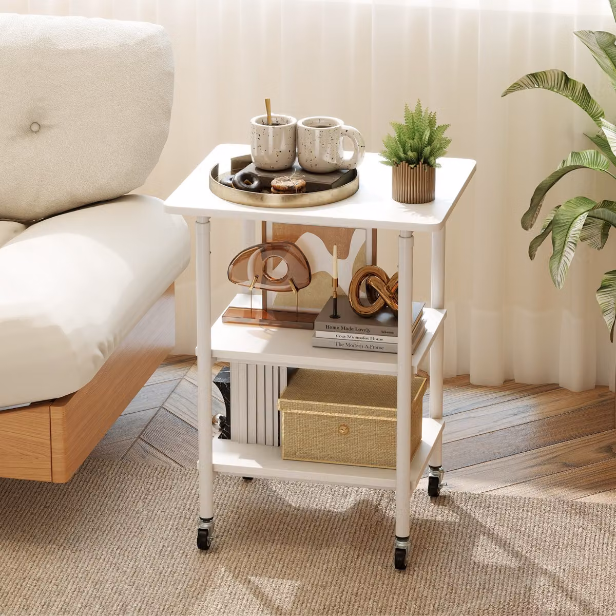 Carrello porta stampante Costway con ripiani di stoccaggio e ruote con blocco, scaffale mobile per scanner e fax in MDF bianco opaco