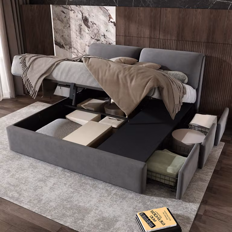 okwish Letto imbottito, letto idraulico 160*200, tre cassetti, contenitore, testata, senza materasso, velluto, grigio