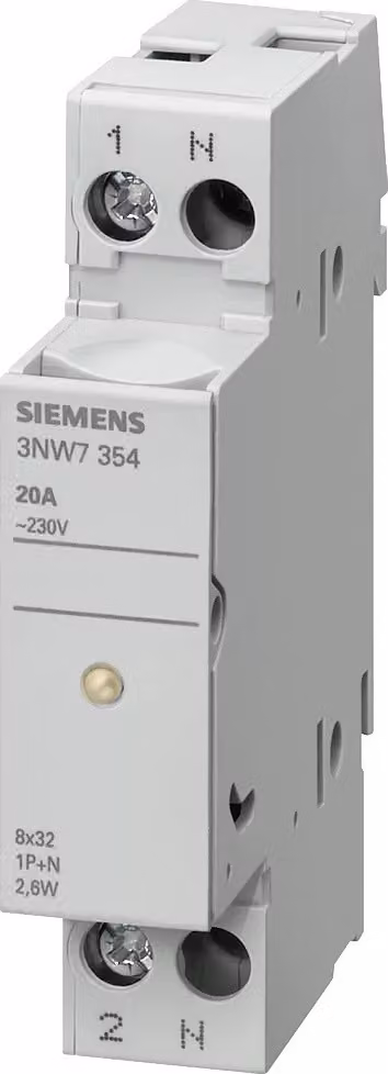 Siemens SENTRON, portafusibile cilindrico, 8x32 mm, 1P+N, In: 20 A, Un AC: 400 V, ... 3NW7354