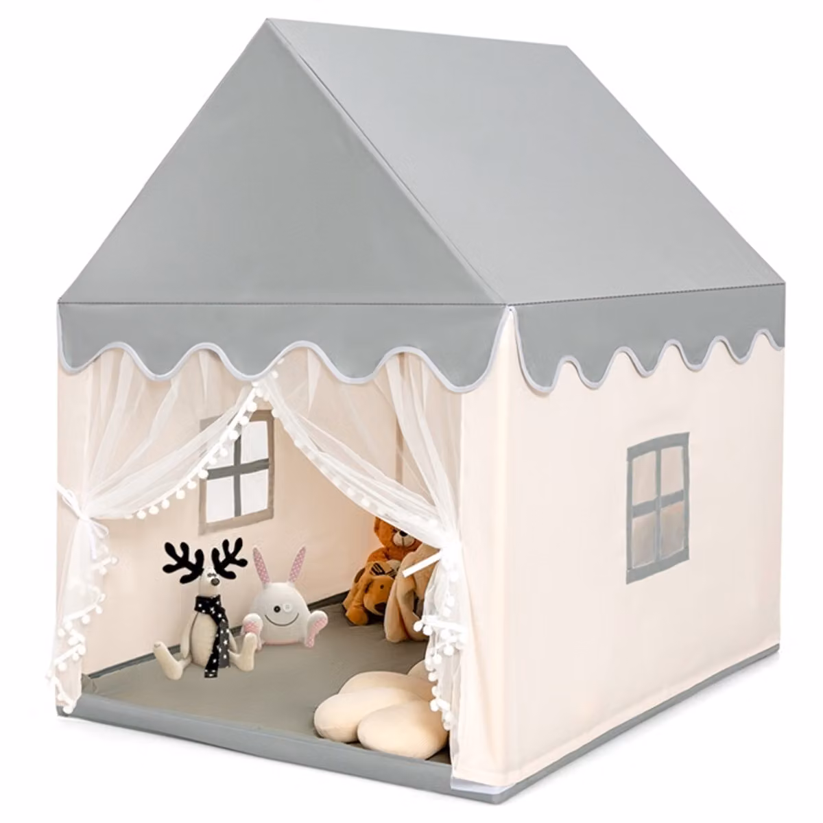 Tenda da gioco Costway per bambini con struttura in legno e materassino imbottito, casetta con finestre, beige