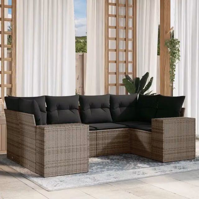Set Divano da Giardino a L vidaXL in Polyrattan Grigio con 6 Cuscini Imbottiti e Coperture Rimosse