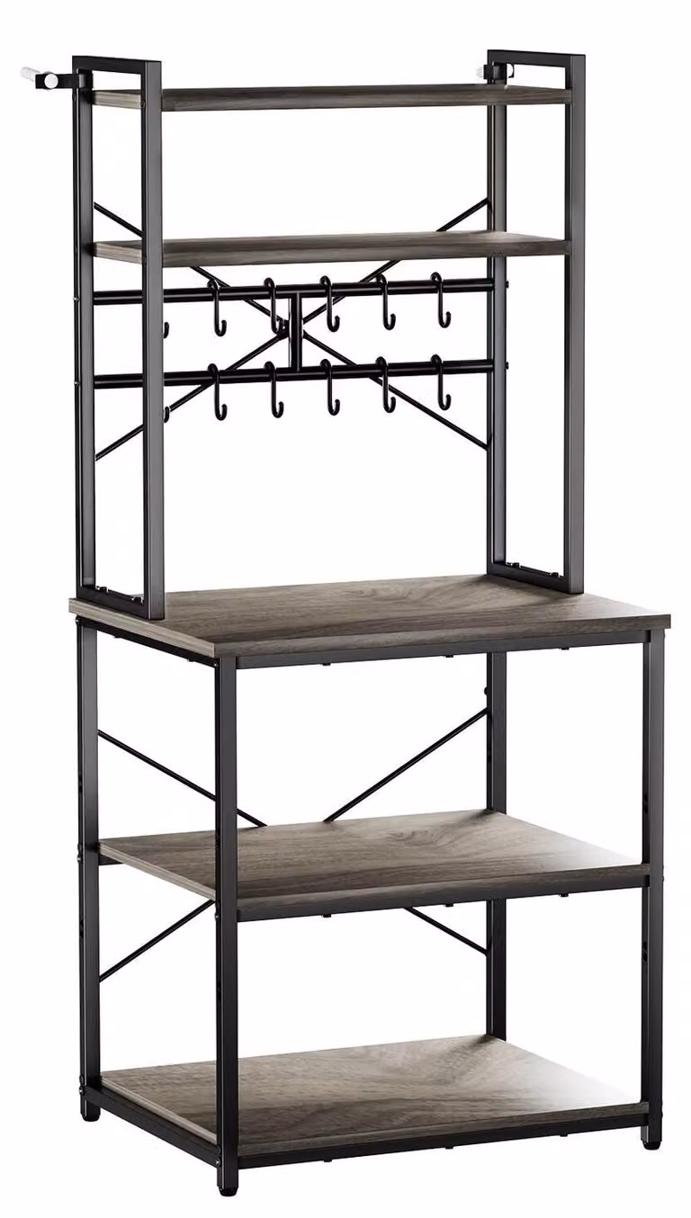 Scaffale da cucina per prodotti da forno, larghezza 600 mm, con barra di sostegno a X, 12 ganci a S, ripiano superiore a doppio livello, scaffale da bar per piatti e ciotole, barattoli per spezie
