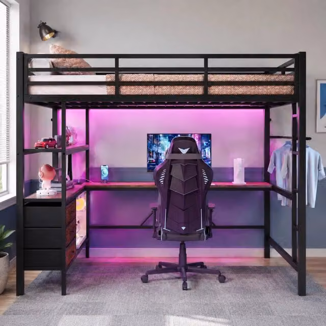 Letto a soppalco 140x200 cm nero – scrivania, LED e contenitori, senza materasso