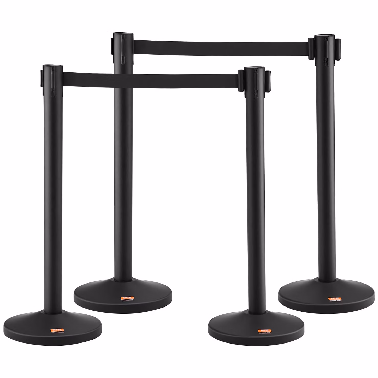 Sistema di guida per il personale VEVOR Nastro di barriera Supporto di barriera 4 pezzi, 2 m x 48 mm Nastro retrattile nero, sistema di guida per il personale Palo di riempimento della barriera Adatto per aeroporti, fiere, luoghi di competizione