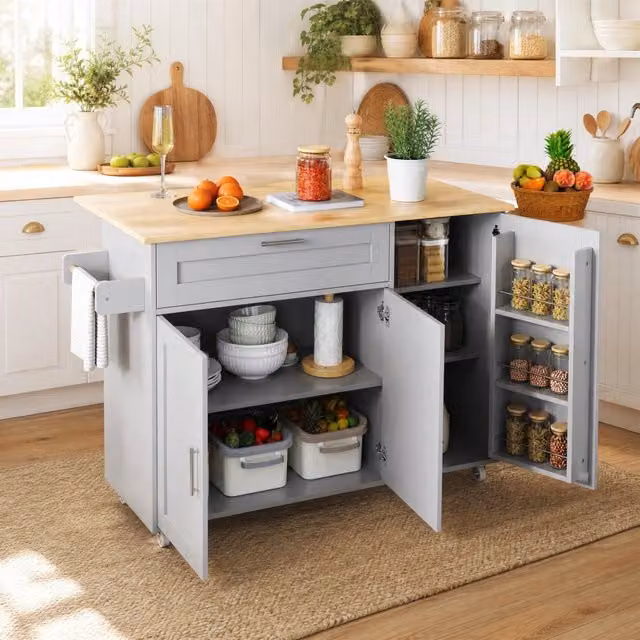 Carrello cucina mobile grigio con piano pieghevole e 5 ruote