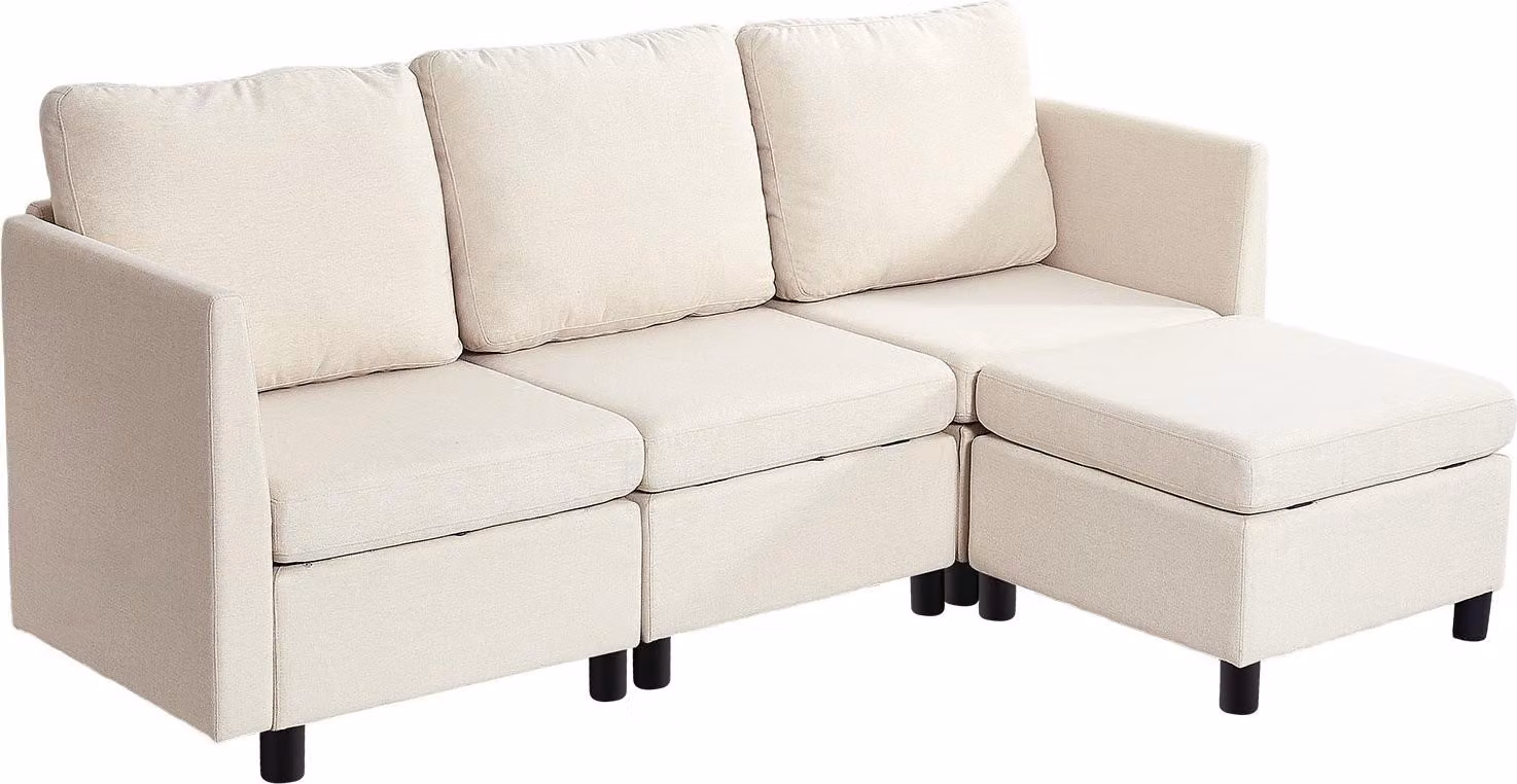 Divano angolare con funzione letto - 3 posti con pouf - Con contenitore - Schiuma altamente elastica - Struttura in legno massello - Beige