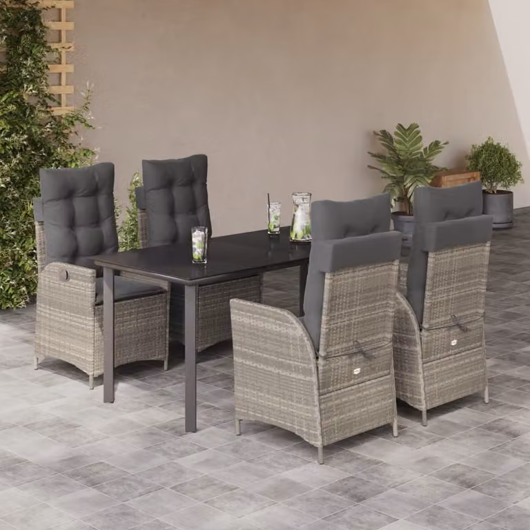 Set Pranzo da Giardino vidaXL in Polyrattan con Tavolo in Vetro e 5 Sedute con Cuscini Grigio Chiaro