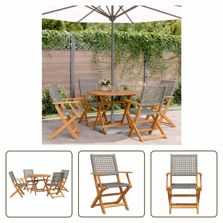 The Living Store Set da pranzo da giardino 5 pezzi in rattan sintetico grigio e legno massello