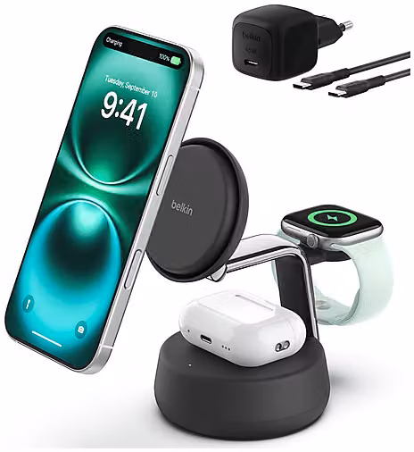 Caricatore Wireless Belkin Stand 3in1 con tecnologia Qi2 da 25W, Colore Nero