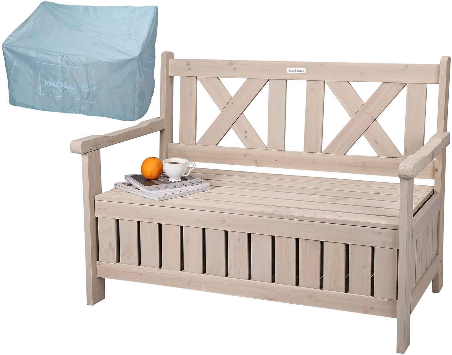 needs&wants® Panca da giardino in legno resistente alle intemperie con vano portaoggetti e copertura Panca a 2 posti panca in legno panca da parco panca da giardino all'aperto con cassapanca in legno massiccio