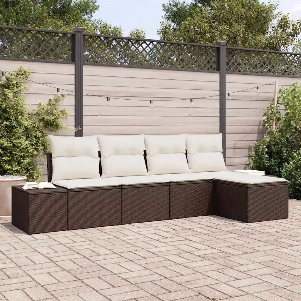 Set Divano da Giardino a L vidaXL 5 Pezzi Marrone con Cuscini Beige e Ottoman in Polyrattan e Metallo – 1