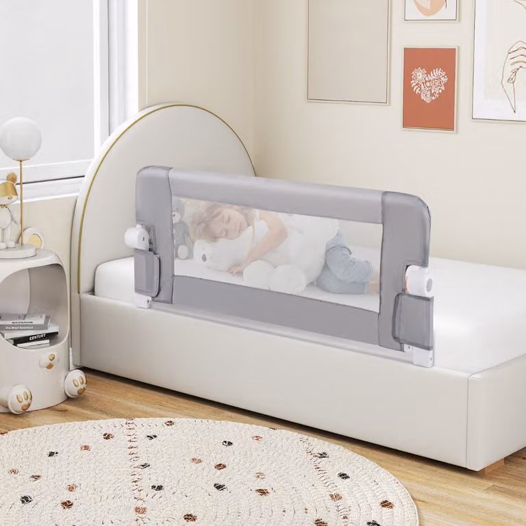 Costway Sponda da letto pieghevole con copertura rimovibile e cinghia aggiuntiva a forma di Y, Barriera di sicurezza per bambini Grigio