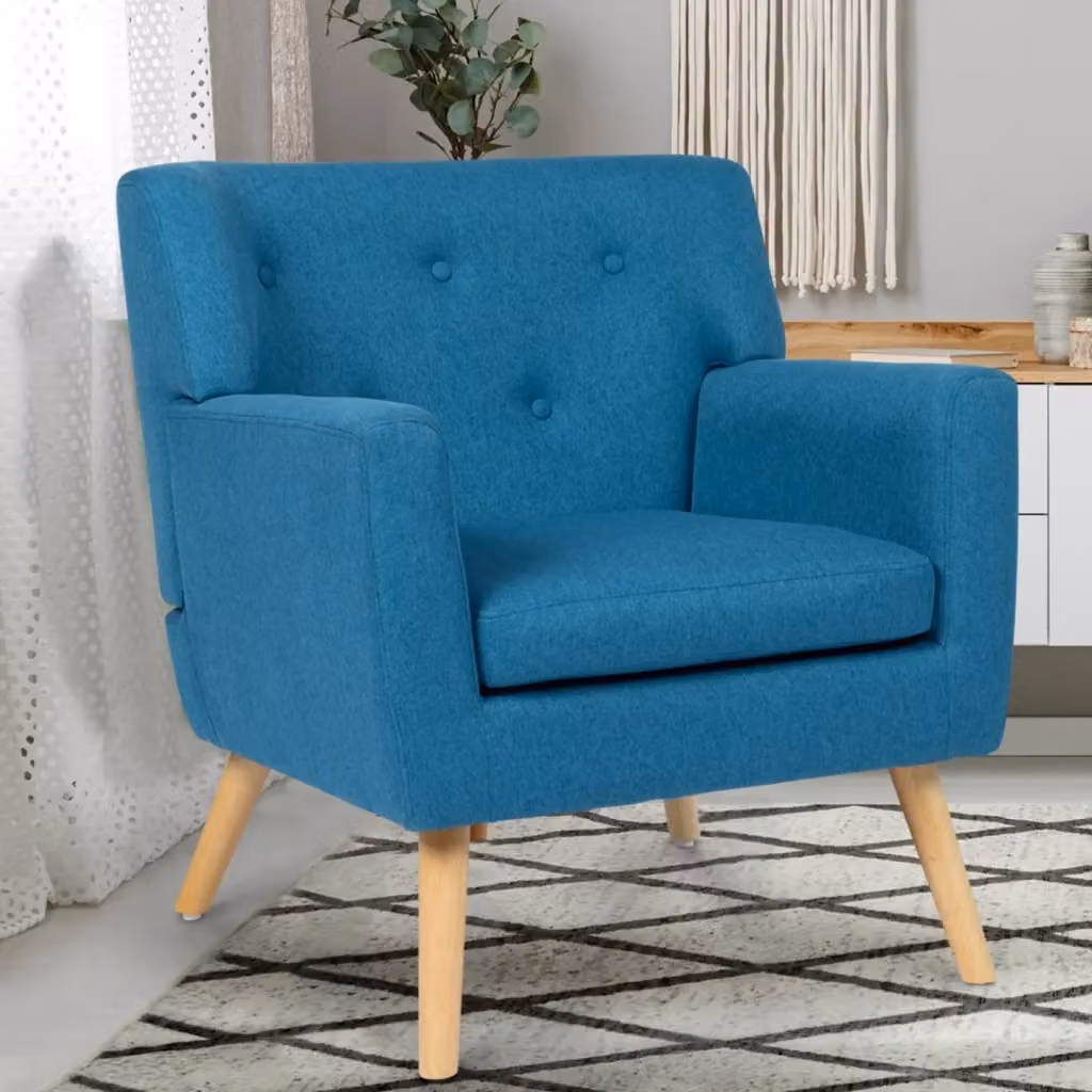 IDMarket Poltrona scandinava LIV in tessuto blu con struttura in legno e braccioli – 2