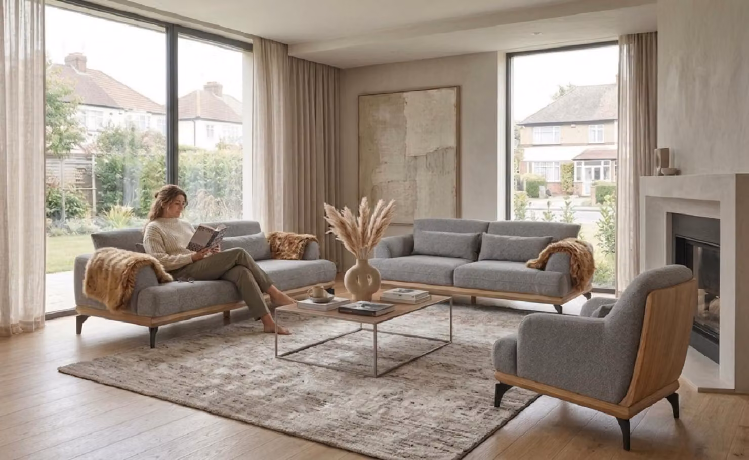 2x 3-Sitzer Sofa Sessel Grau Modern Stoff Holz Metall Wohnzimmer Set