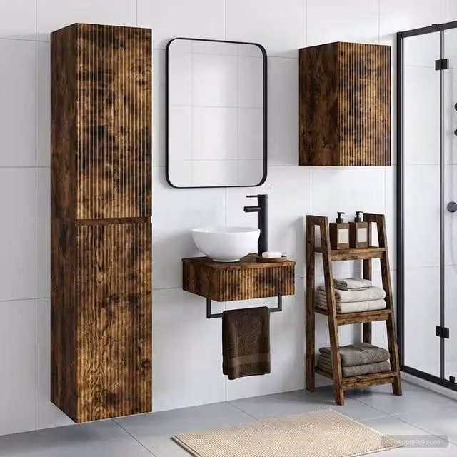 Set di mobili da bagno moderno vidaXL in legno color rovere marrone composto da 3 pezzi con L/P/H: 33 x 34,5 x 160 cm