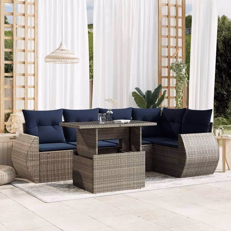 Set da giardino vidaXL in polyrattan grigio composto da 6 pezzi con cuscini e tavolino da esterno