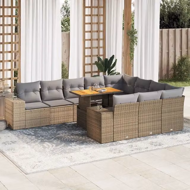 Set da giardino componibile a L vidaXL in polyrattan e legno di acacia con 10 pezzi e cuscini beige e grigi – 1