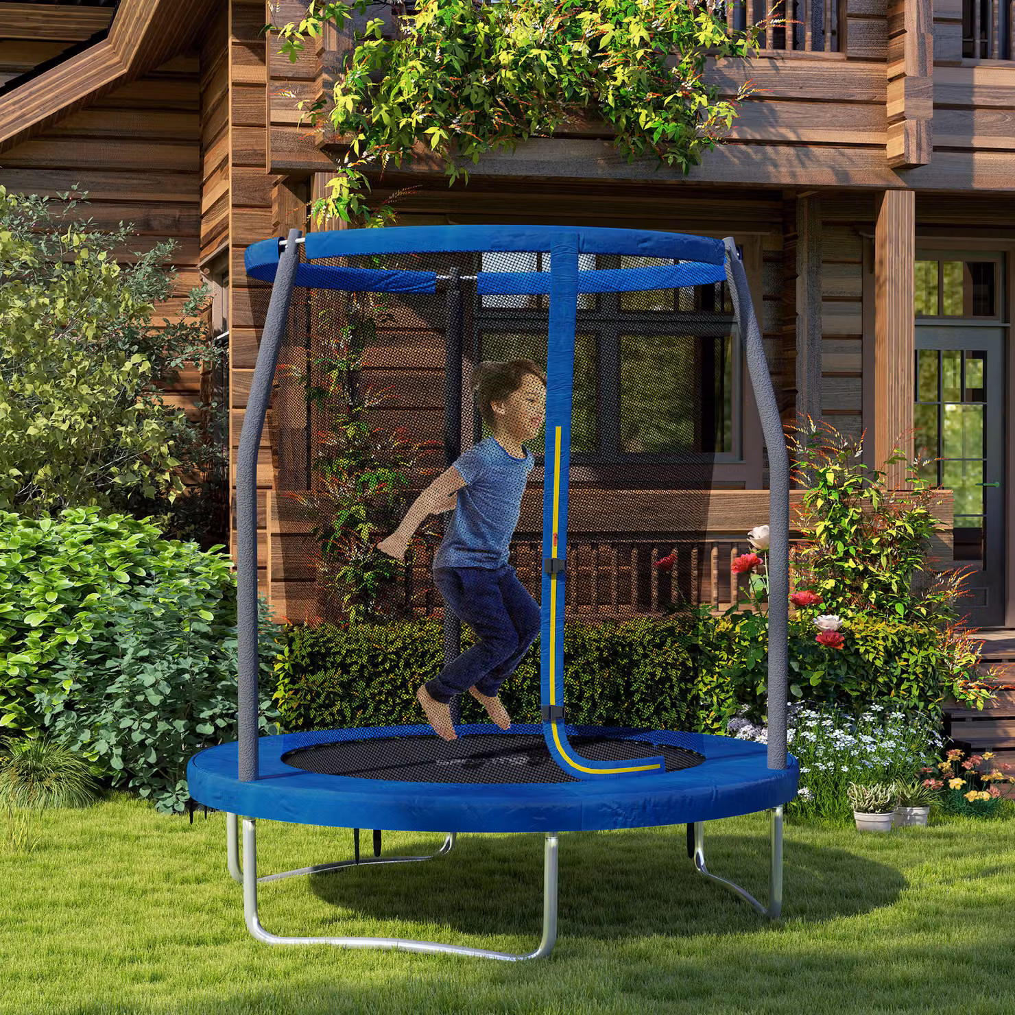 Trampolino da giardino per bambini SPORTNOW con rete di sicurezza e struttura in acciaio, Ø 183 cm, colore blu – 2