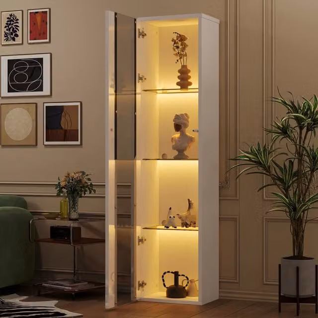 Vetrina OKWISH bianca con ante in vetro, 4 ripiani interni e illuminazione LED multicolore controllabile tramite app, L/P/H: 40 x 29 x 170 cm – 1