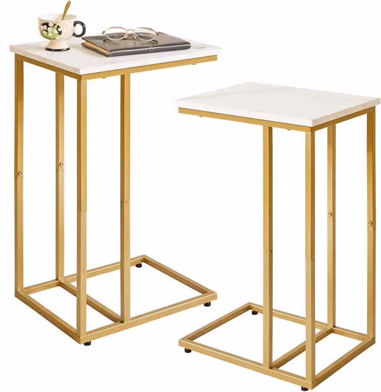 Set di 2 tavolini da salotto per camera da letto colore marmo struttura in metallo dorato