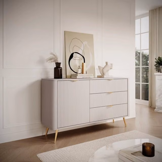 Madia Halilomo DMORA, Credenza con 3 Cassetti Beige e Oro per Soggiorno o Cucina, L: 138 cm, P: 38 cm, H: 81 cm – 1