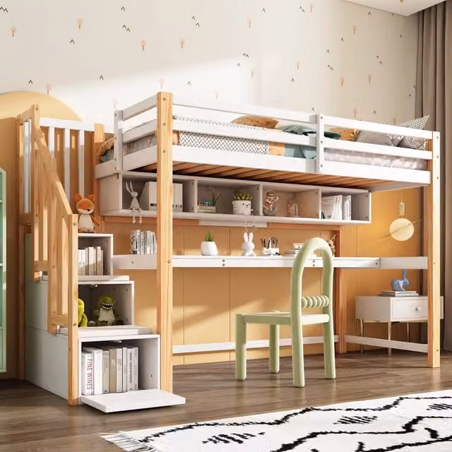 Letto a soppalco per bambini 90 × 200 cm con scala contenitore, scrivania e ripiani, senza materasso, bianco rovere