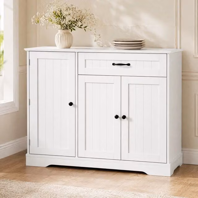 Credenza bianca in MDF con 3 ante, cassetto e ripiani regolabili