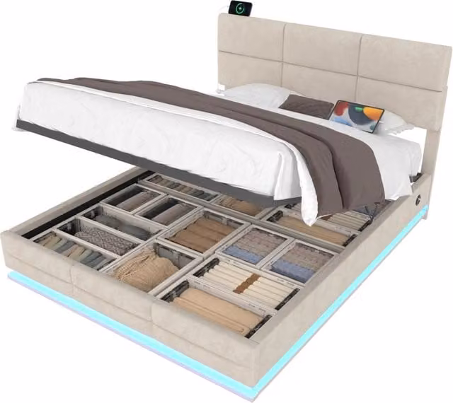 Letto contenitore 180x200 cm beige in velluto con USB Type-C, LED e testiera regolabile