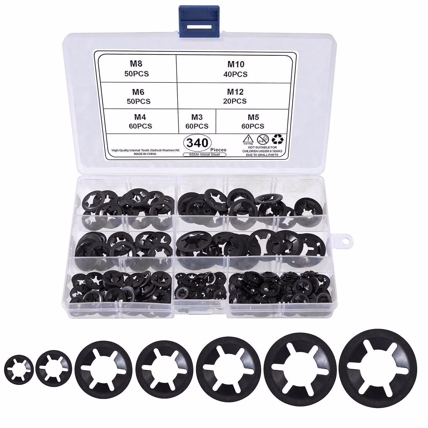 Set di rondelle di sicurezza con denti interni, assortimento di rondelle di serraggio, 340 pezzi, acciaio al manganese, colore nero