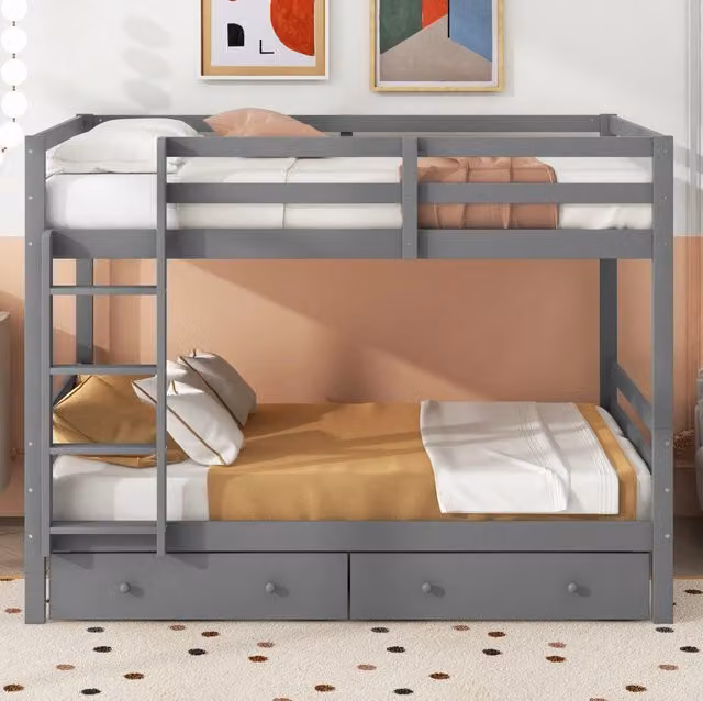 Letto a castello Beaok in legno di pino e MDF grigio con cassetti, L/P/H: 140 x 200 x 170 cm