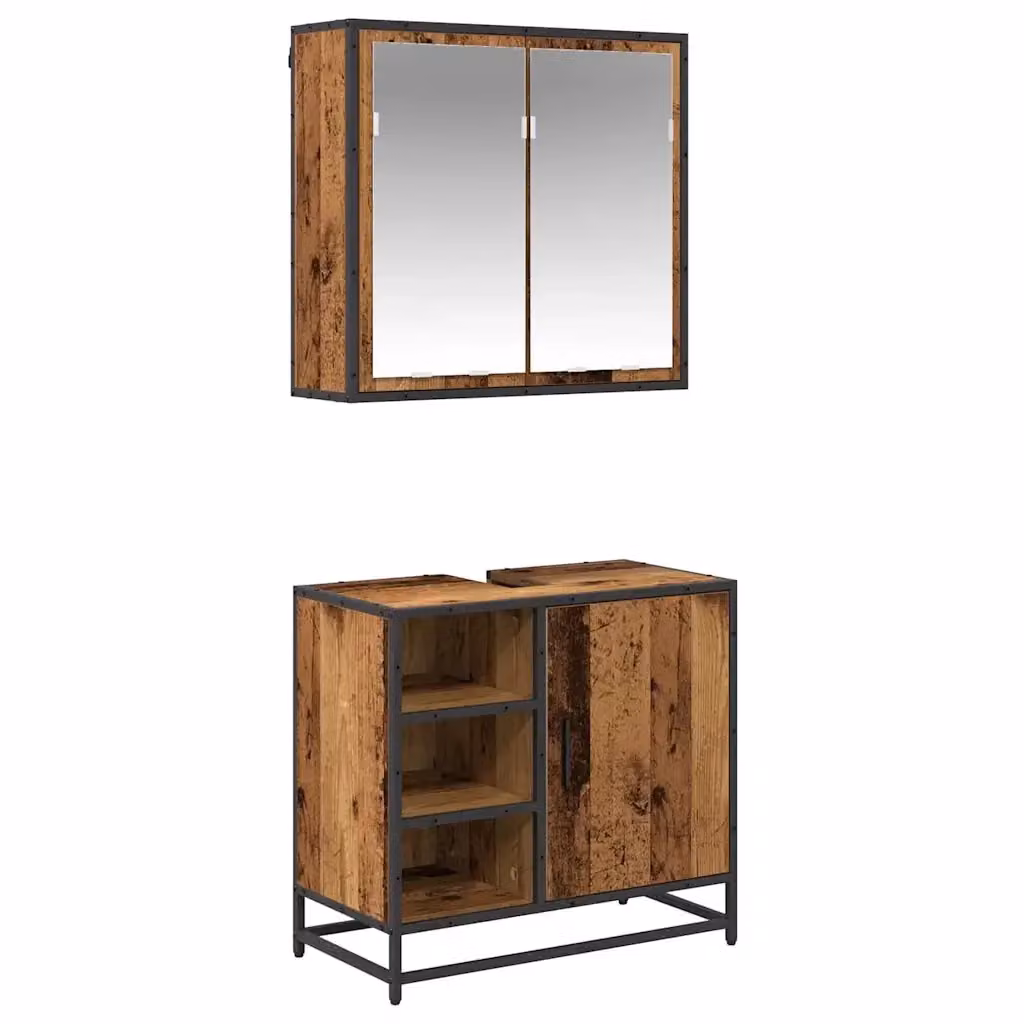 Set di mobili per il bagno vidaXL composto da mobile sottolavabo e armadietto con specchio in legno e metallo marrone, L 65 cm x P 33 cm x H 60 cm – 2